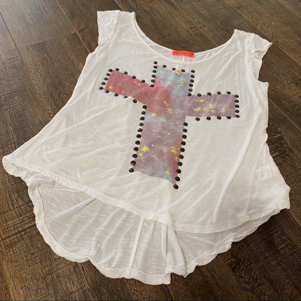 Spoiled Studded Cross Printed Graphic High Low Scoop Neck Tshirt Size Medium